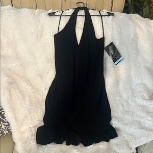 Onyx Nite Black Halter Mini Dress with Ruffle Hem